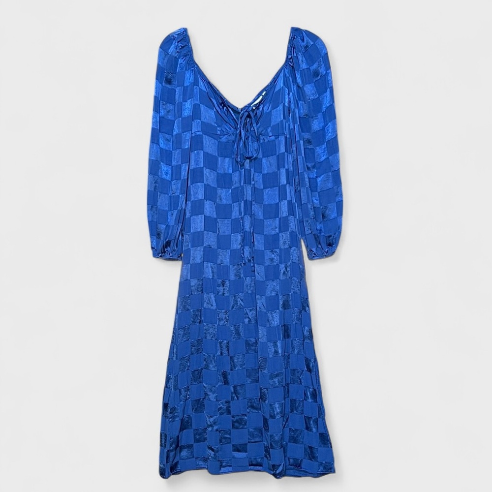 ASOS Tall Satin Blue Checkerboard Jacquard Long Sleeve Dress. Women’s Size 6. - Picture 2 of 9